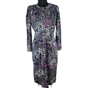 VINTAGE Success Dress Black Paisley Floral Print L/S Midi Dress USA VTG 5/6